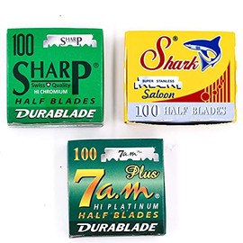 Straight Edge Barber Razor/Shavette Razor Blade Variety Pack - 300 Blades - 100 Each of Shark, Sharp & 7 a.m. Half Blades for Shavette and Professsional Replacable Blade Barber Razors