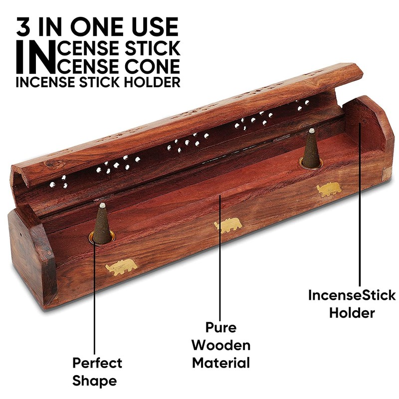 Handmade Wooden Brown Incense Stick Holder Burner Storage Coffin Box