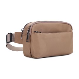 Jessie & James Crossbody Nylon Waist Pack with Adjustable Buckle Strap Fashion Multi Pocket Belt Bag | Camel