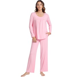 NACHILA Women's Pajamas Set-Viscose Made from Bamboo, Soft Pjs Crew Neck Sleepwear Long Sleeve Loungewear with Pants Sets Pink Medium