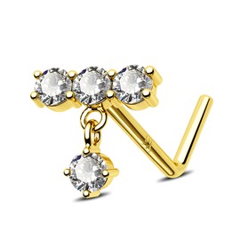 Jewseen 9K Solid Gold Nose Rings 20G Nostril Piercing Stud Dangle Nose Ring Stud CZ Nose Screw L Shape Dangle Nose Jewellery for Women Men, Cubic Zirconia