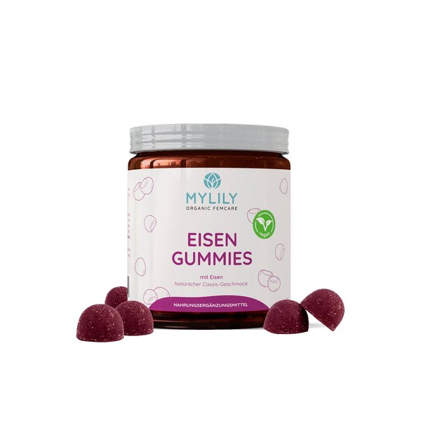 MYLILY® Iron Vitamin Gummies | With Valuable Vitamin Iron (II) Lactate | 100% Vegan & No Sugar Addition | Natural Cassis Flavour | 80 Gummies | Fully Recyclable PET Tin