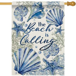 Dyrenson Spring Summer The Beach is Calling 28 x 40 House Flag Double Sided, Coastal Conch Starfish Coral Pearl Garden Yard Decorations, Nautical Seasonal Burlap Outdoor Decor Decorative Large Flag