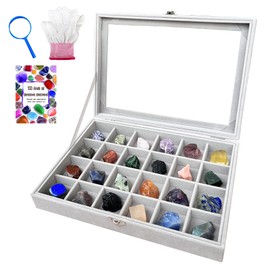 HEMYLU Rock Collection Display Case, Crystal Storage Box with 24 Grids and Gem Knowledge Handbook for Kids, Gem and Stone Collection Case for Display