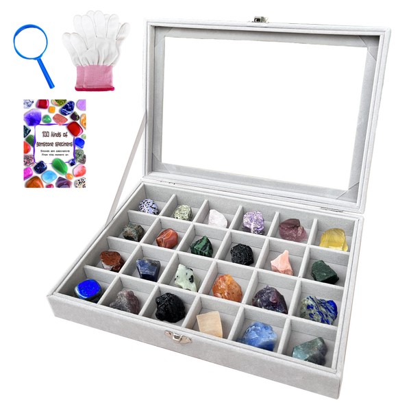HEMYLU Rock Collection Display Case, Crystal Storage Box with 24