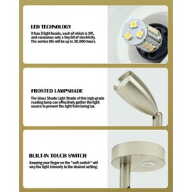 12V RV Bedroom Reading Light Boat Camper Trailer Motorhome Interior Lighting Bedside Spotlight 3W Warm White, Brushed Nickel, with Blue Small Reminder Light Dimmer Touch Switch DC 10-30V,2 Pack