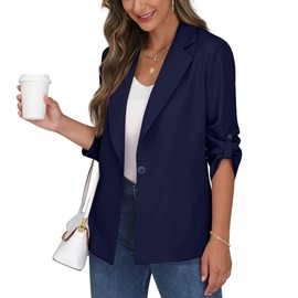 PrinStory Blazer Women's Office Long Blazer Adjustable Sleeves Lapel Blazer Sporty Elegant Jacket, navy