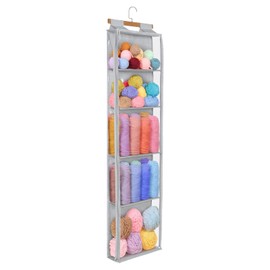 Hanging Yarn Storage with 5 Large Pockets, Clear Knitting Organizer Storage with Zippers for Crochet Lovers, Hanging Yarn Holder with Over-Door Hooks for Knitting Needles Crochet Hooks, Grey
