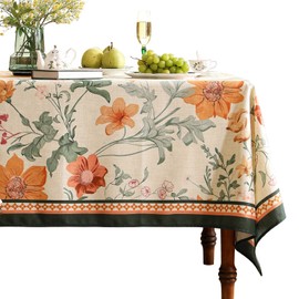 bilin gaier French Linen Tablecloth for Rectangle Tables,Orange Floral Table Cloth,Wrinkle Resistant Tablecloths,Decor Table Cover for Kitchen,Dining,Tea Party,Home,Christmas,55"*87"
