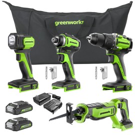 Greenworks 24V Brushless Cordless 4-Tool Combo Kit With 530 in-lbs 1/2" Drill Driver, 1950 in-lbs 1/4" Impact Driver,3000 SPM Reciprocating Saw,200 lumens Flashlight,2 * 2Ah Battery and Fast Charger