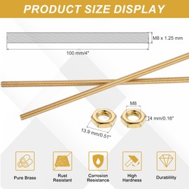 uxcell Brass Fully Threaded Rod, M8x1.25mm Pitch Right Hand Threads Studs with Solid Brass Hex Nuts, 100mm/4 Long Threaded Screw Rods Fasteners for Anchors Bolts Hangers Clamps