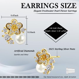 Eslinila Pearl Flower Gold Earrings Small Earrings, Hypoallergenic Silver Posts Cubic Zirconia Lightweight Stud Earrings for Women Jewelry Gifts