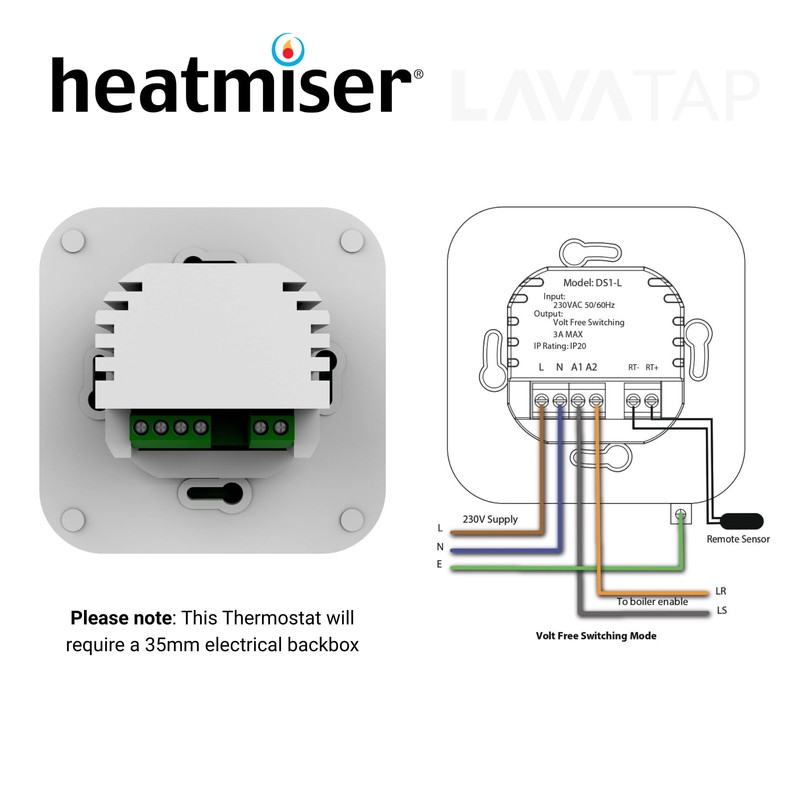 Heatmiser DS1-L V2 Dial Room Thermostat LCD Temperature Display 230v