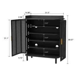 ORRD Shoe Cabinet, 5 Tier Boho Wooden Shoe Storage Organizer Cabinet with Adjustable Shelves, Shoes Rack with Iron Rattan Curved Doors Accent Cabinet for Entryway Hallway Living Room, Black