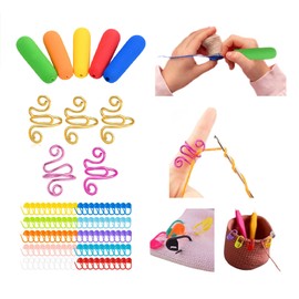 Juego de kit de ganchillo, incluye 5 agarres ergonómicos de ganchillo, 5 anillos de ganchillo para dedos, 100 marcadores de punto de bloqueo de ganchillo para manualidades, suministros de tejer
