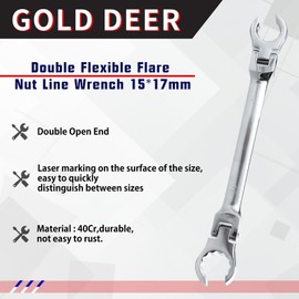 GOLD DEER Double Flare Nut Wrench, Flare Nut Wrench, Flex Flare Nut Wrench, Flare Nut Wrench, Glasses Wrench for Brake Pipes, 0.6 x 0.7 inches (15 x 17 mm), Spanner, Oscillating Brake Pipe, Glasses