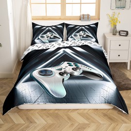 Tbrand Gamepad Bed Set for Gamers Children Boys Video Game Gamepad Duvet Cover Set Girls Teen Modern Game Controller Bedding Set 135 x 200 cm Novelty Action Buttons Decor Grey White