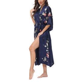 OSCAR ROSSA Women's Mulberry Silk Sleepwear 100% Silk Charmeuse Floral Printed Long Kimono Robe, Plum Blossom Navy, XL/XXL