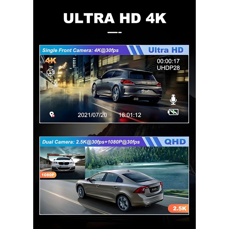Dual Dash Cam FHD 4K 1080P WiFi Front and Inside