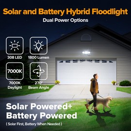 UME Hybrid Solar and Battery Powered Motion Sensor Outdoor Lights, 302 LED 1800LM, IP65 Waterproof, 3-Head Motion Activated LED Flood Lights, Energy Efficient Hybrid Security Lights for Garden, Patio