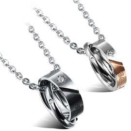 Flongo Partner Friendship Necklace BFF Chain for 2 Couples Pendant Necklace with Engraving Rings Pendant for Men, Women, Stainless Steel