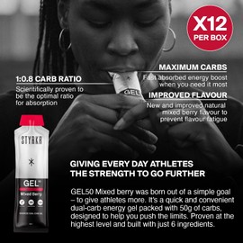 GEL50 Energy Gels by Styrkr - 50g of Carbs - Pack of 12 Berry Flavoured Energy Gels for Cycling & Running - Approved by Endurance Athletes - Advanced Dual-Carb Formulation - GEL50 Berry 12x Pack