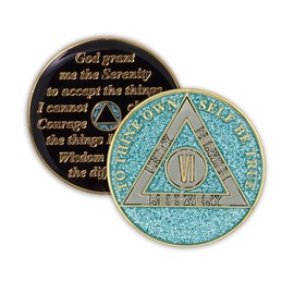 6 Year Sobriety Coin | Glitter Triplate AA Chip Recovery Anniversary Token (Blue)