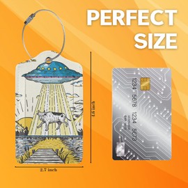 2 Pack Art Alien UFO Luggage Tag for Suitcases, Mountains Sunset Cow Leather Luggage Tag Privacy Cover ID Label for Women Men Travel