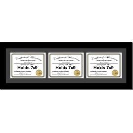 CreativePF [8x30bk-b] Black Horizontal 7x9 Triple Diploma Frame with 3 Opening Black Matting | Holds 3 7x9 inch Documents with Installed Wall Hanger