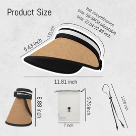 Aniker Sun Hat for Women, 5.5 Inches Straw Sun Visor Wide Brim Open Top Design Built-in Sweatband Adjustable Foldable Portable Fashionable UV Protection Hat for Outdoors (Straw, Khaki)