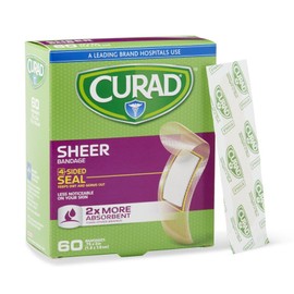 Curad CUR45242RBH Sheer Adhesive Bandages for First Aid, 3/4" x 3" Size, 60 Count