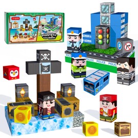100 PCS Magnetic Building Blocks for Kids with Storage Box, Portable Travel Toy Set, Police Station & Pirate Ship STEM Construction Set, Quiet Play for Airplane & Car Trips