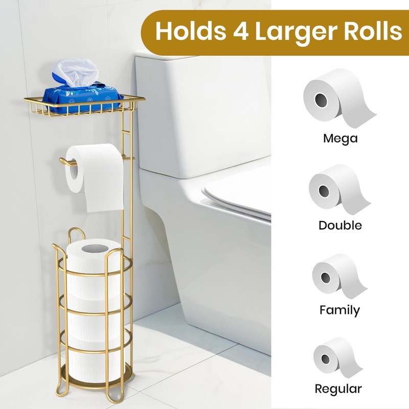 Gold Toilet Paper Holder Stand with Shelf, Freestanding Tissue Roll