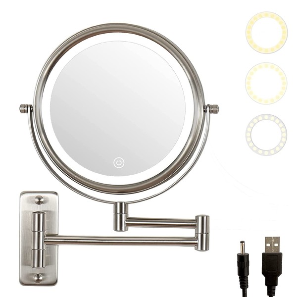 Wall Mounted Makeup Mirror with Lights- 3 Color Lighting Modes- 1x/10x Magnification 8" Double-Sided High Definition Vanity Mirror with 360 Degree Swivel Extendable Arm Cosmetic Mirror (Nickel)