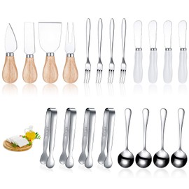 20 Pieces Cheese Butter Knife Set Charcuterie Board Accessories Spreader Slicer Knife Stainless Steel Blade with Porcelain Wooden Handles Mini Serving Tongs Spoons Forks for Christmas (Chic Style)