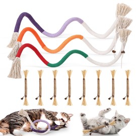 Partideal Cat Chew Toy with 3 Teething Ropes for Cats and 8 Catnip Stick, Pack of 3 Catnip Toy Teething Rope 70 cm, Interactive Teething Rope Cat Toy for Cats Dental Care