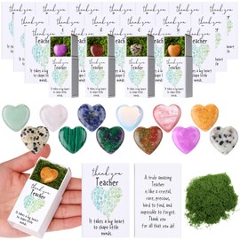 Motipuns 12 Sets Teacher Tokens of Appreciation in Bulk Thank You Teacher Gifts Bulk Emotional Support Crystal Natural Stones Green Moss Matchbooks Holiday Graduation Gifts for Women Men(Heart)