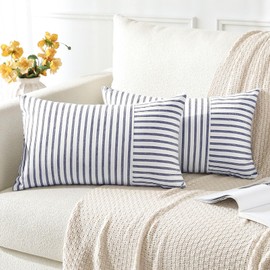 OTOSTAR Farmhouse Decorative Throw Pillow Covers 12 x 20 Inch Striped Patchwork Pillow Covers Lumbar Pillow Case Shell Couch Pillowcase Cushion Cover for Sofa Bed Home Decor Pack of 2 (Stripe Navy)