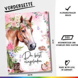 celebr8te 12 x Horse Glitter Invitation Cards – For Girls' Children's Birthday Party Invitations for Birthdays with Horse Motif + 12 Stickers + 12 Bags