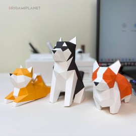 ORIGAMIPLANET Hello Puppies 3D Origami Paper Craft Gift Set- 3 pcs, Husky/Corgi/Shiba Inu Pre-Cut Origami Kit, Cute Animal Paper Sculpture for Teens & Adults, Home Decor DIY Art Gift for Birthday