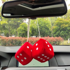Fuzzy Plush Dice for Car Mirror, 1 Pair of Square Retro 3” Red Dice with Dots for Car Interior Ornament Decoration