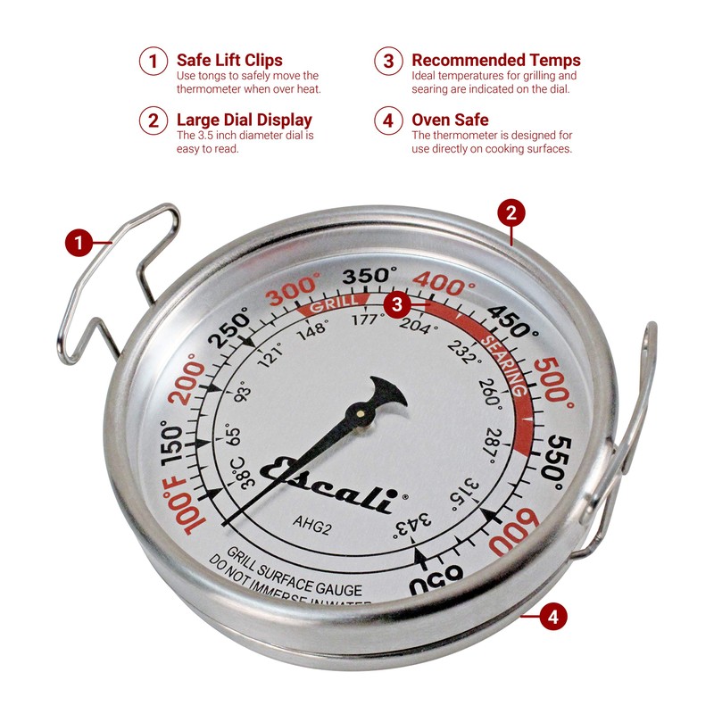 Escali AHG2 Stainless Steel Direct Grill Surface Thermometer, Searing Temperature
