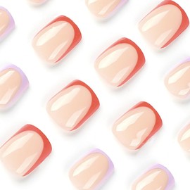 24Pcs Color French Tip Press on Nails Short Square Fake Nails Nude False Nails Press ons Full Cover Glossy Acrylic Glue on Nails Classic Natural Artificial Nails Stick on Nails for Women Manicure Kit