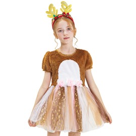 IKALI Reindeer Costume Kids, Girls Christmas Deer Fancy Dress, Children Santa Dress Up Outfit with Rudolph Headband 3-4Y