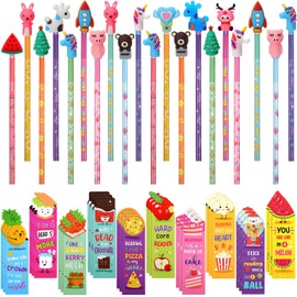 Teling 80 Pcs Scented Bookmarks and Smelly Pencils with Cute Toppers Set Fun Pencils Fruit Food Theme Scratch and Sniff Bookmarks Cartoon Pen Toppers for Kids Students Supplies(Lovely Style)