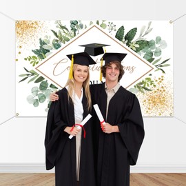 Mocsicka Graduation Backdrop Greenery Leaves Trencher Cap 2025 Graduation Party Decorations Congratulations Graduates Photography Background