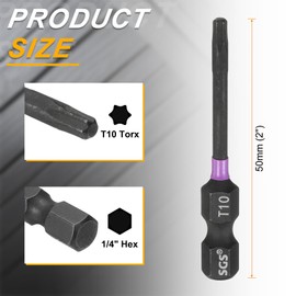 sourcing map 2pcs T10 Torx Head Impact Screwdriver Bits 1/4" Hex Shank 2" (50mm) Long Magnetic No Hole Tamper Proof 6 Point Star Screw Driver Drill Bits Phosphate S2 Steel Power Tools
