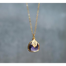Susabella Amethyst Necklace, February Birthstone Jewelry, Birth Month Gemstone, Bridesmaid Gift, Custom Initial on Leaf Charm, Gift for Her