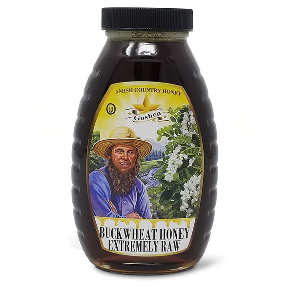 Goshen Amish Country Local Domestic Buckwheat Honey Extremely Raw with Live Enzymes 100% Pure Natural Unheated Unprocessed Health Benefits|OU Kosher Certified|1 Lb Glass Jar |16 Ounce |New York USA