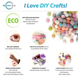 Glaciart One Felt Pom Poms, Wool Felt Balls (400 Pieces) 2.5 cm – 1 Inch, Handmade Felted 30 Pastel Colors (Green, Pink, Blue, Yellow and More) Bulk Small Puff for Felting and Garland